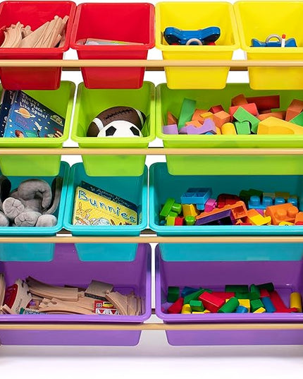 Humble Crew Kids Toy Storage Organizer with 12 Storage Bins, Rainbow/Natural Wood - LeafyLoom