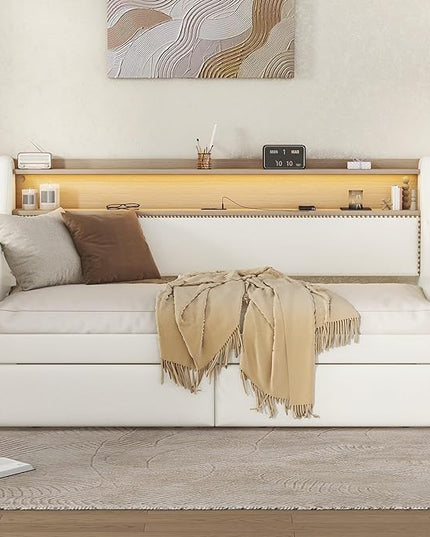 Twin Size Daybed with 2 Storage Drawers, Upholstered Daybed with Charging Station and LED Lights, PU Leather Fabric Bedframe w/Headboard & Wood Slat Support for Living Room, White - LeafyLoom