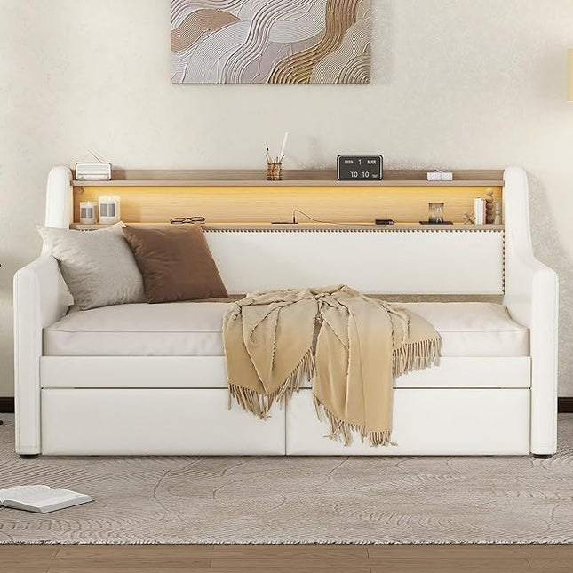 Twin Size Daybed with 2 Storage Drawers, Upholstered Daybed with Charging Station and LED Lights, PU Leather Fabric Bedframe w/Headboard & Wood Slat Support for Living Room, White - LeafyLoom