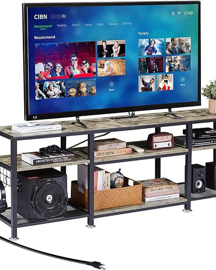 VECELO TV Stand with Power Outlets for Televisions Up to 75 Inch, Industrial Entertainment Center with 3-Tier Open Storage Shelves & 6 Hooks for Living, Bedroom and Gaming Room, 70 Inch, Rustic Grey - LeafyLoom
