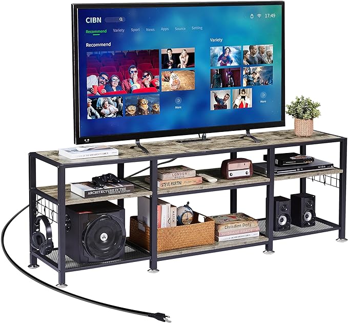 VECELO TV Stand with Power Outlets for Televisions Up to 75 Inch, Industrial Entertainment Center with 3-Tier Open Storage Shelves & 6 Hooks for Living, Bedroom and Gaming Room, 70 Inch, Rustic Grey - LeafyLoom