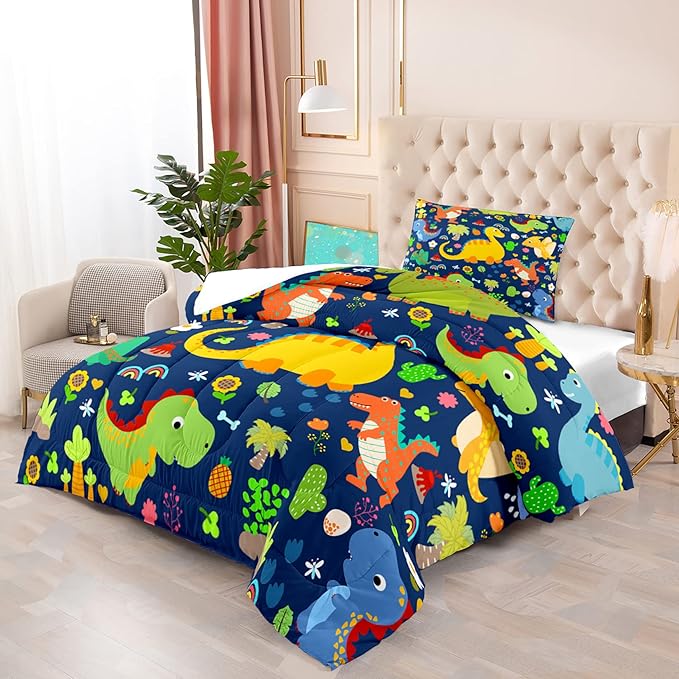 Dinosaur Bedding Twin - Dinosaur Comforter Set Twin for Boys Bedroom Dinosaur Twin Bedding Set Blue Green Boys Room Decor Kids Twin Dinosaur Bedding Set, Twin (1 Comforter 1 Pillowcase) - LeafyLoom