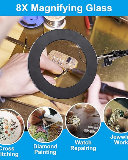 8X Magnifying Glass with Light, 3 Color Modes Stepless Dimmable 8-Diopter Real Glass Lens Magnifier with Light Desk Lamp Clamp Swivel Arm for Crafts Workbench - LeafyLoom