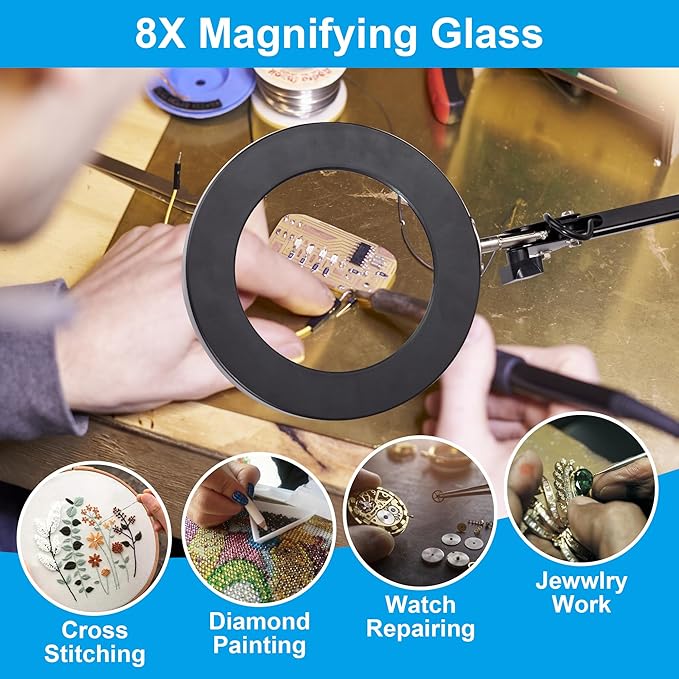 8X Magnifying Glass with Light, 3 Color Modes Stepless Dimmable 8-Diopter Real Glass Lens Magnifier with Light Desk Lamp Clamp Swivel Arm for Crafts Workbench - LeafyLoom