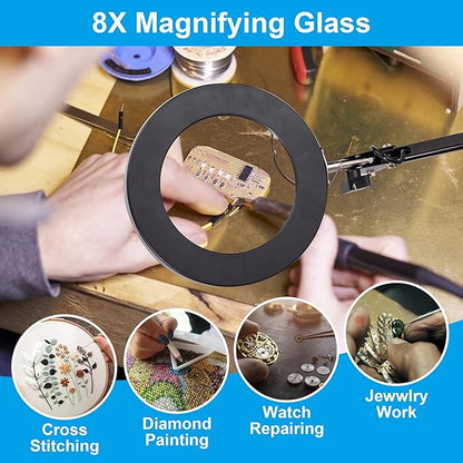 8X Magnifying Glass with Light, 3 Color Modes Stepless Dimmable 8-Diopter Real Glass Lens Magnifier with Light Desk Lamp Clamp Swivel Arm for Crafts Workbench - LeafyLoom