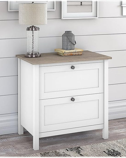 Bush Furniture Mayfield 2 Drawer Lateral File Cabinet in Pure White and Shiplap Gray - LeafyLoom