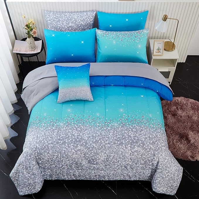 inron 4Pcs Aqua Gradient Twin Bedding Sets for Girls,Aqua Glitter All-Season Girls Comforter Set, Ultra Soft Girls Bedding Set(Aqua,Twin) - LeafyLoom