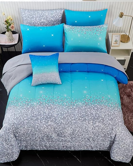 inron Aqua Glitter Comforter Sets for Girls Women,Full Size 5-Pieces Bed in a Bag Ultra Soft Microfiber Comforter and Sheet Sets, All Season Durable Bedding Set(Aqua,Full) - LeafyLoom
