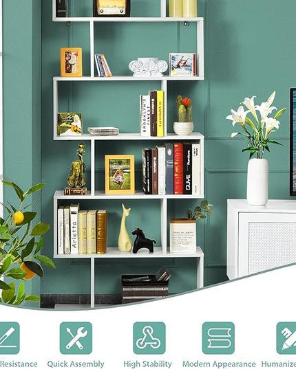 BETTARY 6-Tier Bookshelf, Freestanding S-Shaped Geometric Display Shelf, Modern Tall Bookcase for Home Office, Living Room, Bedroom, White - LeafyLoom
