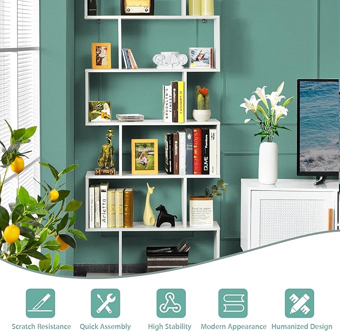 BETTARY 6-Tier Bookshelf, Freestanding S-Shaped Geometric Display Shelf, Modern Tall Bookcase for Home Office, Living Room, Bedroom, White - LeafyLoom