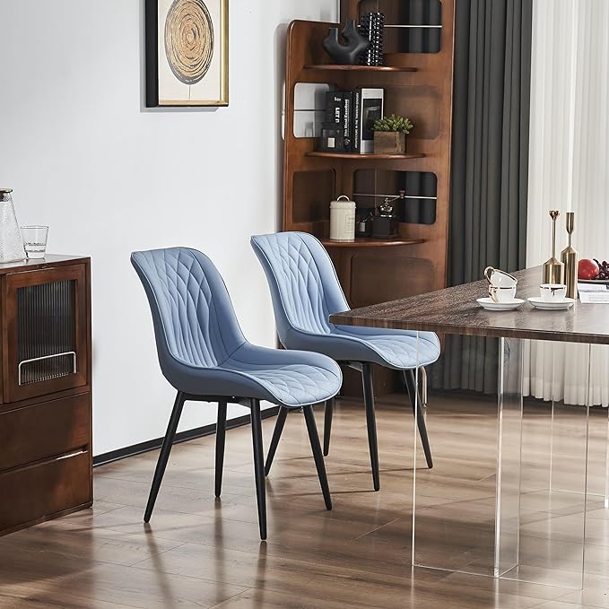 YOUNIKE Blue Dining Chairs set of 2 with High Backs Mid Century Modern Kitchen & Dining Room Chairs PU Faux Leather Upholstered sillas de comedor Comfortable Large Padded Accent Chairs with Metal Legs - LeafyLoom