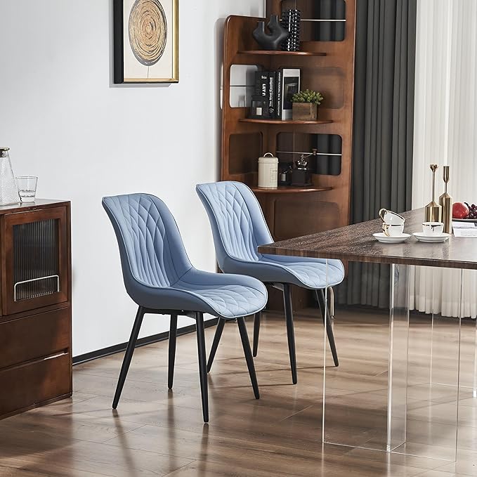 YOUNIKE Blue Dining Chairs set of 2 with High Backs Mid Century Modern Kitchen & Dining Room Chairs PU Faux Leather Upholstered sillas de comedor Comfortable Large Padded Accent Chairs with Metal Legs - LeafyLoom