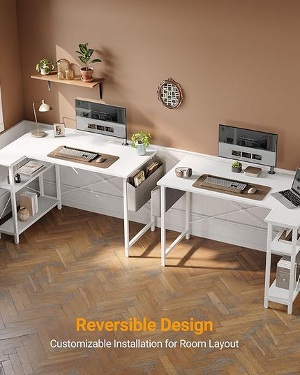CubiCubi L Shaped Desk, 40" Computer Desk with Reversible Storage Shelves Home Office Corner Desk Study Writing Gaming Table, White - LeafyLoom