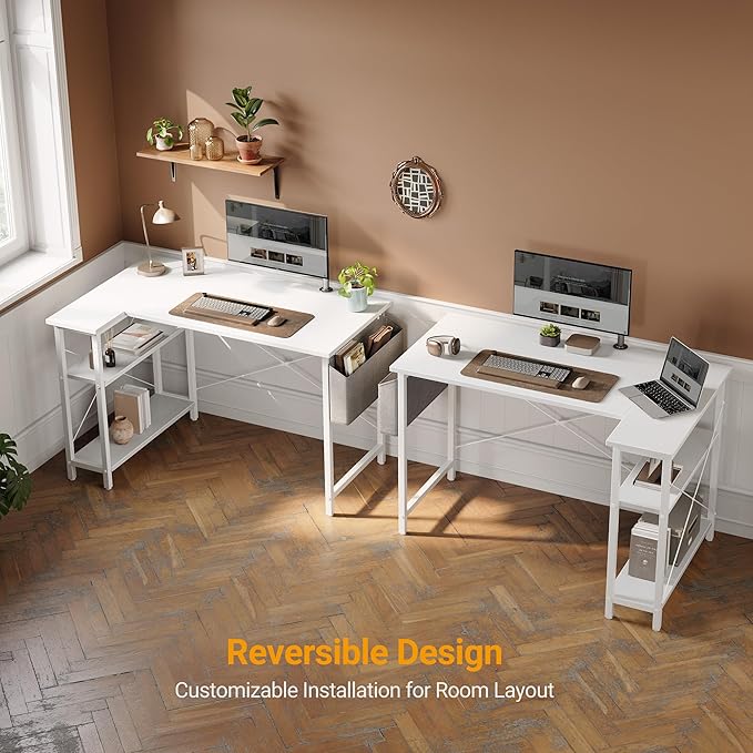CubiCubi L Shaped Desk, 40" Computer Desk with Reversible Storage Shelves Home Office Corner Desk Study Writing Gaming Table, White - LeafyLoom
