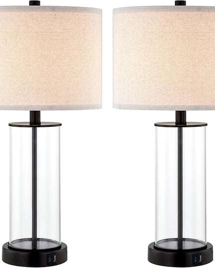 23.5'' Glass Table Lamp Set of 2 for Living Room, 3-Way Touch Control Table Lamps with USB Ports and AC Outlets(Bulbs Included) - LeafyLoom