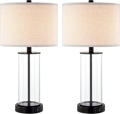 23.5'' Glass Table Lamp Set of 2 for Living Room, 3-Way Touch Control Table Lamps with USB Ports and AC Outlets(Bulbs Included) - LeafyLoom