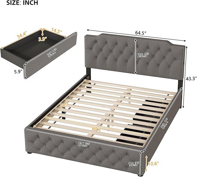 Queen Size Linen Upholstered Platform Bed with 2 Drawers and 2 sets of USB Ports on Each Side,Wood Bed Frame w/Button-Tufted Design Headboard,for Bedroom,Apartment,Gray - LeafyLoom
