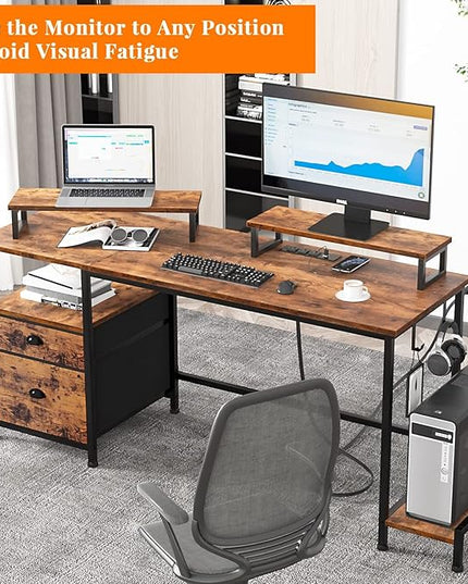 Furologee Desk with Drawer and Power Outlets, 55" Large Compter Desk with Fabric File Cabinet and 2 Movable Monitor Shelf, Writing Gaming Table with CPU Stand and 2 Hooks for Home Office, Rustic Brown - LeafyLoom