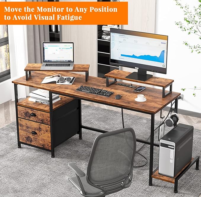 Furologee Desk with Drawer and Power Outlets, 55" Large Compter Desk with Fabric File Cabinet and 2 Movable Monitor Shelf, Writing Gaming Table with CPU Stand and 2 Hooks for Home Office, Rustic Brown - LeafyLoom