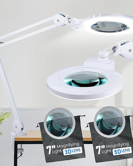 Desk Magnifying Glass with Light - DAEV - 7" Large LED Magnifying Glass with Clamp, Easy Change 5D (2.25X) and 3D (1.75X) Glass. 1600 Lumen, 6500K CCT Dimmable LED Magnifier with Light, White - LeafyLoom
