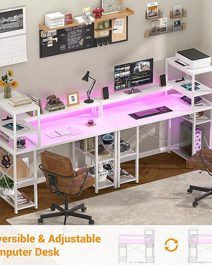 Cyclysio Gaming Desk with LED Light, 47 inch Computer Desk with Storage Shelves, Adjustable Home Office Desk with Power Outlets, Computer Gaming Desk with Long Monitor Stand for Small Space, White - LeafyLoom