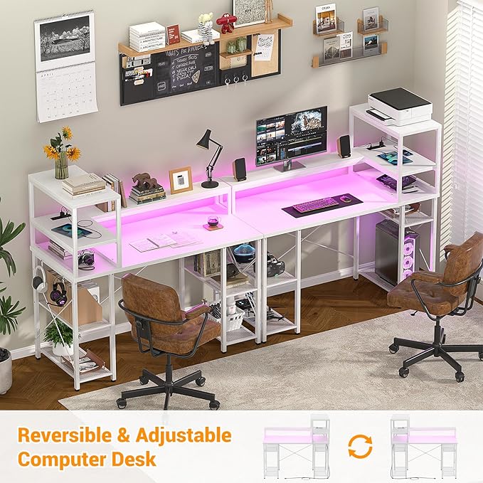 Cyclysio Gaming Desk with LED Light, 47 inch Computer Desk with Storage Shelves, Adjustable Home Office Desk with Power Outlets, Computer Gaming Desk with Long Monitor Stand for Small Space, White - LeafyLoom