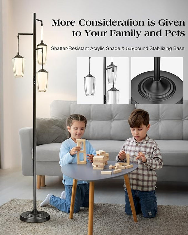 ELYONA Modern Dimmable Floor Lamp, 3-Light Standing Lamp with Remote & Touch Control, Stepless Adjustable 2200K-6500K Colors & Brightness 24W LED Reading Light for Bedroom Living Room Office, Black - LeafyLoom