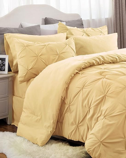 Bedsure Yellow Queen Comforter Set - Bed in a Bag Queen 7 Pieces, Pintuck Beddding Sets Yellow Bed Set with Comforter, Sheets, Pillowcases & Shams - LeafyLoom