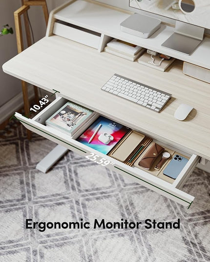 BANTI 48 x 24 Inch Electric Standing Desk with 3 Drawers, Adjustable Height Stand Up Desk, Sit Stand Home Office Desk with Storage Shelf, Light Walnut Top - LeafyLoom