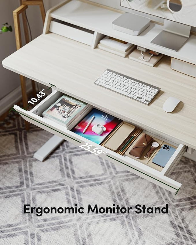 BANTI 48 x 24 Inch Electric Standing Desk with 3 Drawers, Adjustable Height Stand Up Desk, Sit Stand Home Office Desk with Storage Shelf, Light Walnut Top - LeafyLoom