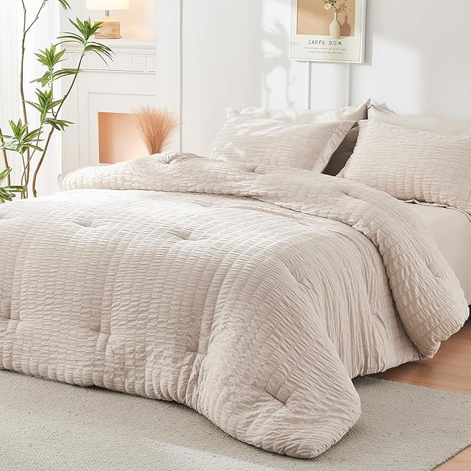 HYMOKEGE Seersucker Comforter Set Full Size 3 Pieces, Lightweight Comforter Sets for Bedding, Bed Set with 1 All Season Soft Down Alternative Comforter and 2 Pillow Shams, Beige - LeafyLoom