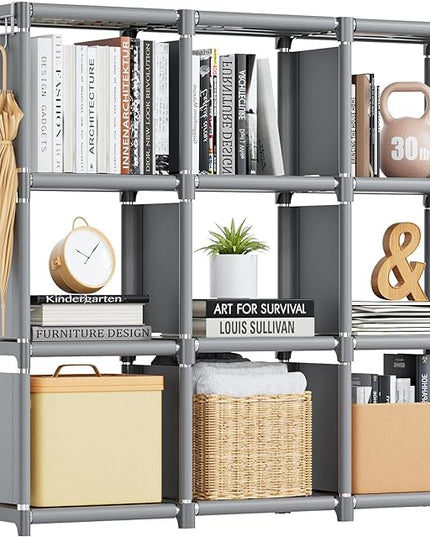 Mavivegue Book Shelf, 9 Cube Storage Organizer, DIY Bookcase, Metal Cube Bookshelf, Tall Book case for Bedroom, Living Room, Office, Closet Storage Organizer, Grey Cubicle Storage Rack - LeafyLoom