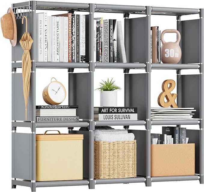 Mavivegue Book Shelf, 9 Cube Storage Organizer, DIY Bookcase, Metal Cube Bookshelf, Tall Book case for Bedroom, Living Room, Office, Closet Storage Organizer, Grey Cubicle Storage Rack - LeafyLoom