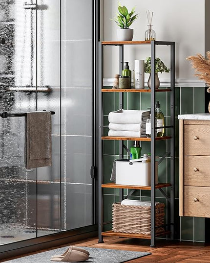 Furologee 5 Tier Tall Bookshelf, Rustic Narrow Bookcase, Display Standing Shelf Units, Metal and Wood Storage Shelves Organizer for Bedroom, Living Room, Home Office, Entryway, Kitchen, Rustic Brown - LeafyLoom