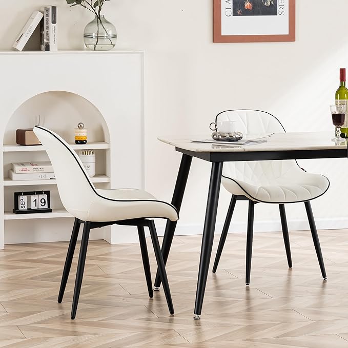 YOUNIKE Dining Chairs Set of 2, White Comfy Padded Kitchen Chairs, Armless Modern Faux Leather Upholstered Dining Room Chairs, Elegant Dinning Chairs Side Chairs, Easy to Clean - LeafyLoom