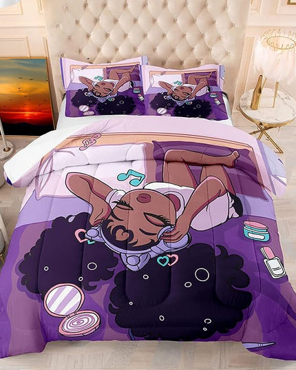 African American Black Girl Comforter Set Twin Size, Black Girls Magic Duvet Comforter for Kawaii Bedroom Decor, Black Girl Love Music Purple Bedding Set with 1 Comforter +1 Pillowcase - LeafyLoom