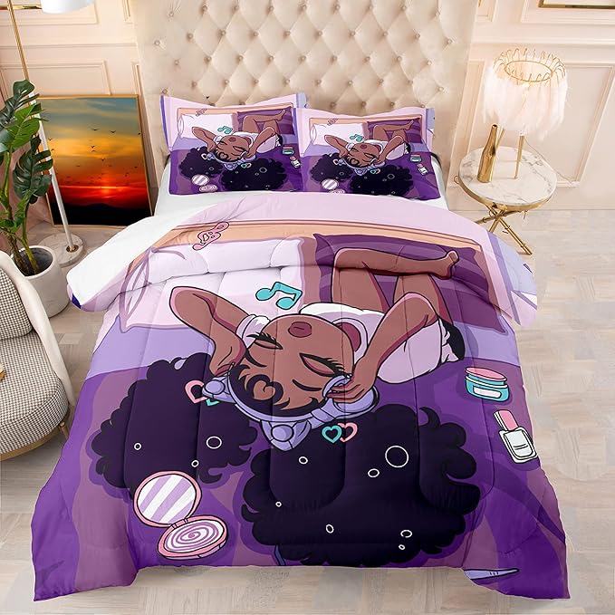 African American Black Girl Comforter Set Twin Size, Black Girls Magic Duvet Comforter for Kawaii Bedroom Decor, Black Girl Love Music Purple Bedding Set with 1 Comforter +1 Pillowcase - LeafyLoom