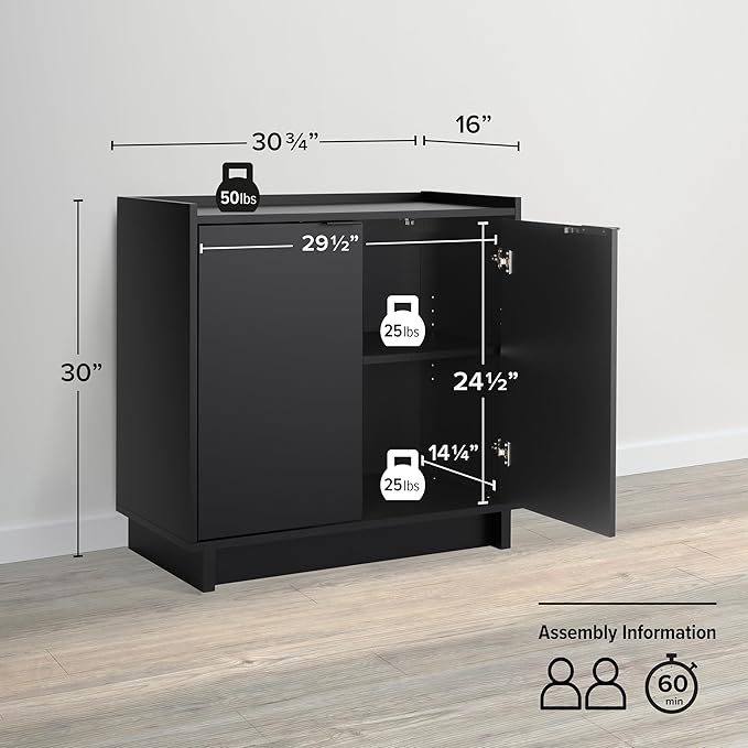 Prepac Simply Modern 2 Console Table Doors and Shelves, Buffet Cabinet with Storage, 30.75" W x 30" H x 16" D, Black - LeafyLoom