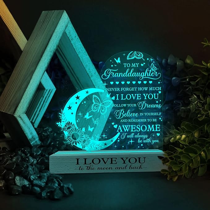 ARTSYWIX Granddaughter 3D Illusion Lamp with Wooden Base USB Powered Acrylic Night Light, to my Granddaughter Gift from Grandma & Grandpa, Girls Kids Lamp Present, Birthday Gifts Graduation Keepsake - LeafyLoom