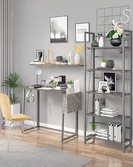 No-Assembly Folding Bookshelf Storage Shelves 5 Tiers Vintage Multifunctional Plant Flower Stand Storage Rack Shelves Bookcase for Home Office (Gray and Black) - LeafyLoom
