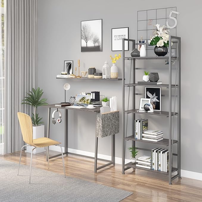 No-Assembly Folding Bookshelf Storage Shelves 5 Tiers Vintage Multifunctional Plant Flower Stand Storage Rack Shelves Bookcase for Home Office (Gray and Black) - LeafyLoom