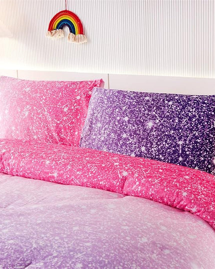 Holawakaka Kids Space Star Glitter Comforter Set Ombre Red & Purple Print Gradient Bedding Set Full Size (Red purple, Full) - LeafyLoom