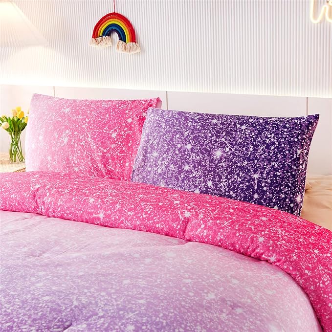 Holawakaka Kids Space Star Glitter Comforter Set Ombre Pink Purple Print Gradient Bedding Set Queen Size (Pink Purple, Queen)…… - LeafyLoom