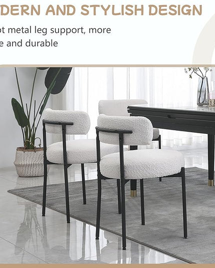 White Dining Chairs Set of 4 Round Upholstered Boucle Dining Room Chairs Mid-Century Modern Kitchen Chairs Curved Backrest Chairs for Dining Room Black Metal Legs - LeafyLoom