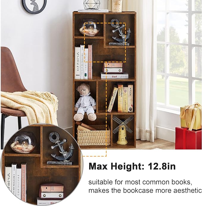 VECELO 42 Inch High Bookcase, 4-Tier Modern Storage Cabinet with Height Difference Shelves for Standard Textbooks, Floor Standing, 7 Cubes, Horizontal Available, Easy Assembly, Rustic Brown - LeafyLoom