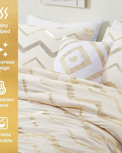 Codi Cream White and Gold Comforter Set for Full/Queen Size Bed, Cute Metallic Ivory Bed Sets, 4 Piece (2 Matching Shams + 1 Decorative Pillow) - LeafyLoom