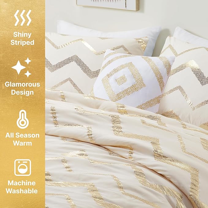 Codi Cream White and Gold Comforter Set for Full/Queen Size Bed, Cute Metallic Ivory Bed Sets, 4 Piece (2 Matching Shams + 1 Decorative Pillow) - LeafyLoom