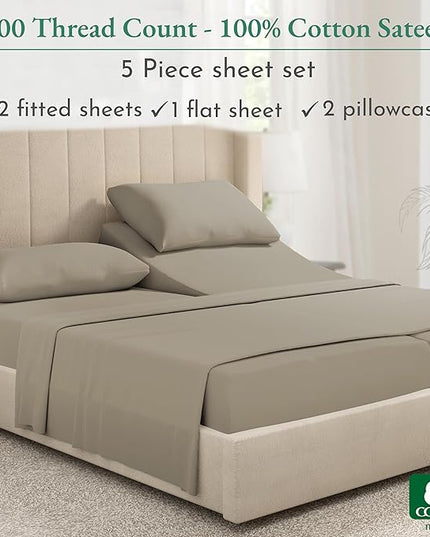 California Design Den Split King Sheet Set - 100% Cotton, 600 Thread Count, Breathable Luxury King Size Sheets for Adjustable Bed, Luxury Hotel-Quality Sheets with Soft Sateen Weave - Taupe - LeafyLoom