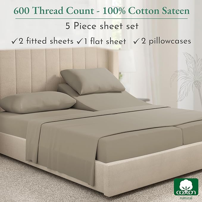 California Design Den Split King Sheet Set - 100% Cotton, 600 Thread Count, Breathable Luxury King Size Sheets for Adjustable Bed, Luxury Hotel-Quality Sheets with Soft Sateen Weave - Taupe - LeafyLoom