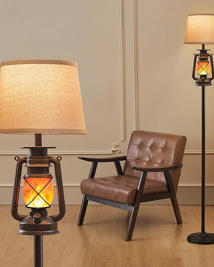 LEDIARY LED Flashing Flame Night Lantern Farmhouse Floor Lamp for Living Room, Rustic Standing Lamp with Beige Linen Drum Lampshade, Lantern Floor Lamps for Bedroom Home Decor - LeafyLoom